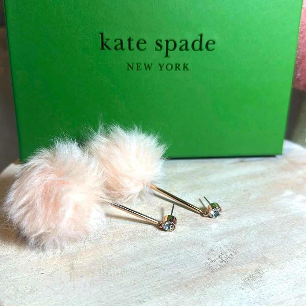 Kate Spade Earrings gold “flying colors” pom pom pouf pink
